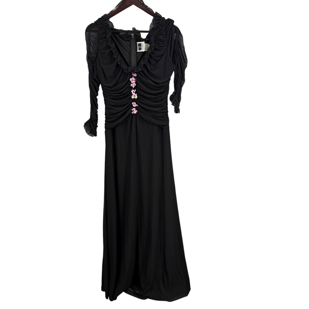 Tadashi Maxi Dress Size Medium Black Ruched Floral Applique Mesh Long Sleeve